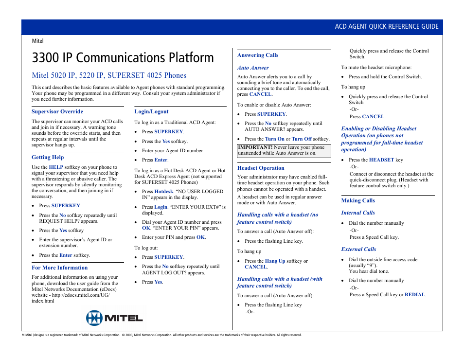 Mitel 4025 User Manual | 2 pages