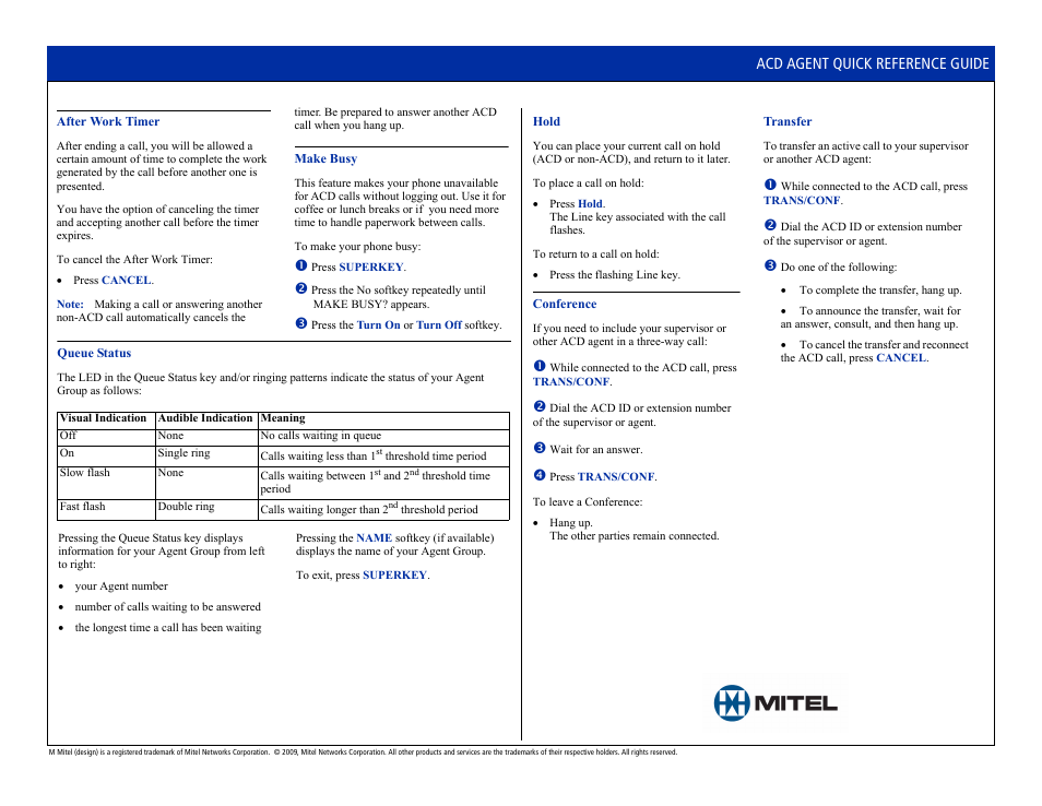 Acd agent quick reference guide | Mitel 4025 User Manual | Page 2 / 2