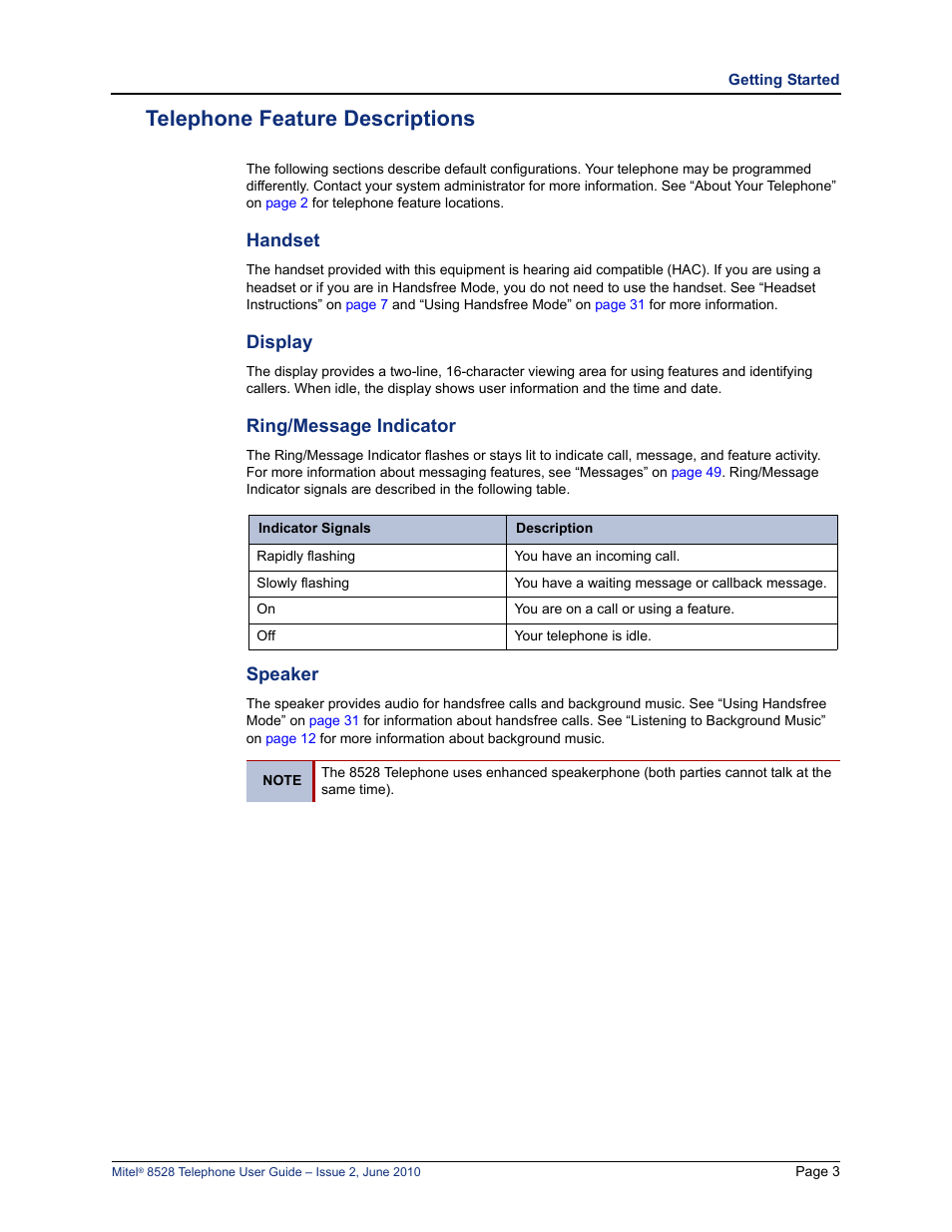 Telephone feature descriptions, Handset, Display | Ring/message indicator, Speaker, Handset display ring/message indicator speaker | Mitel 8528 User Manual | Page 17 / 86