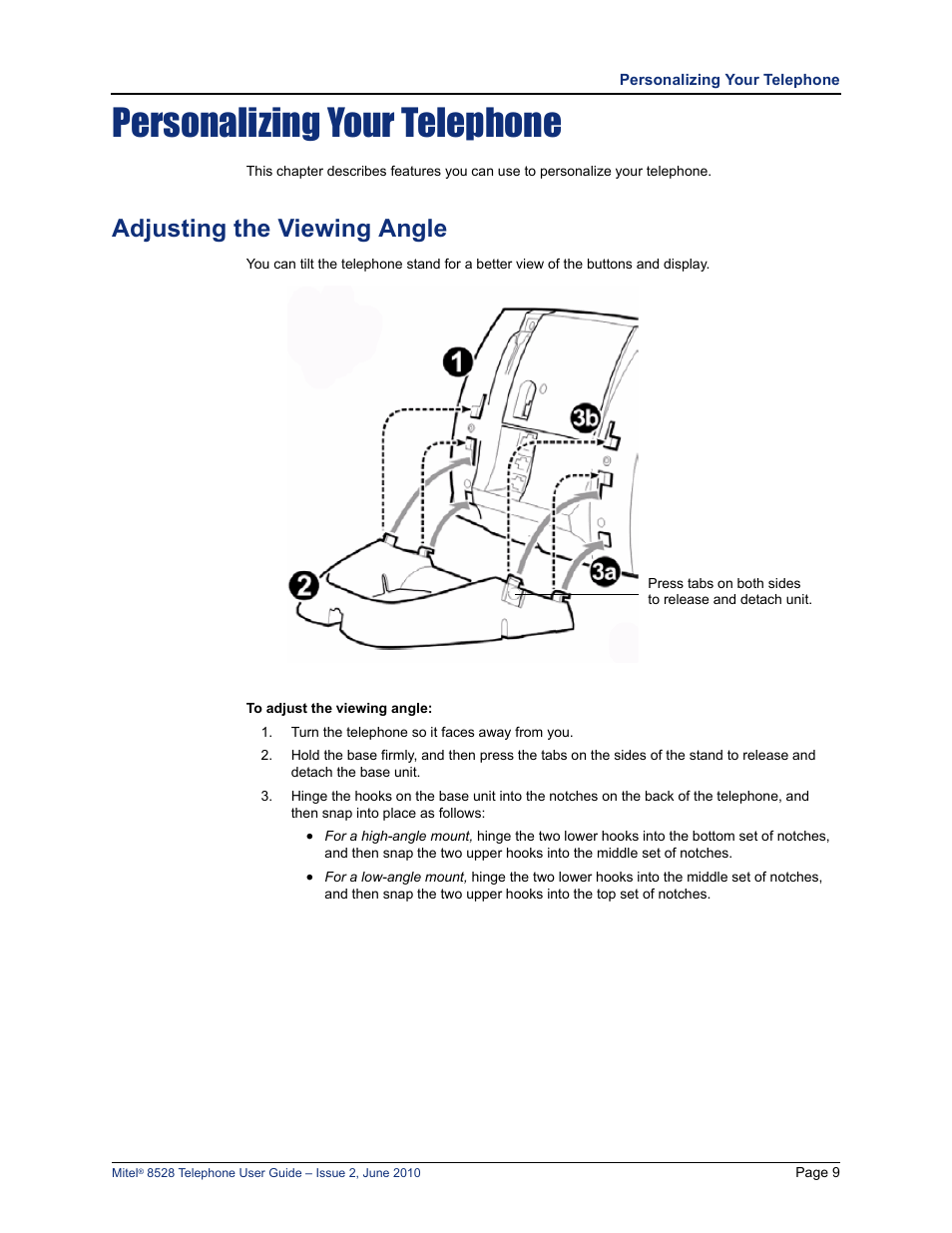 Personalizing your telephone, Adjusting the viewing angle, See “adjusting the viewing angle” on | Mitel 8528 User Manual | Page 23 / 86