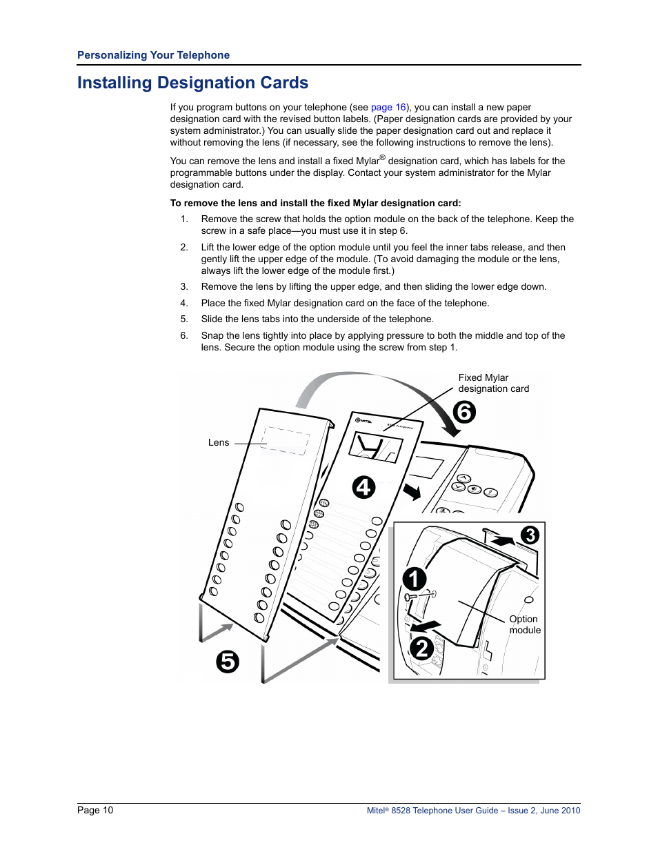 Installing designation cards | Mitel 8528 User Manual | Page 24 / 86