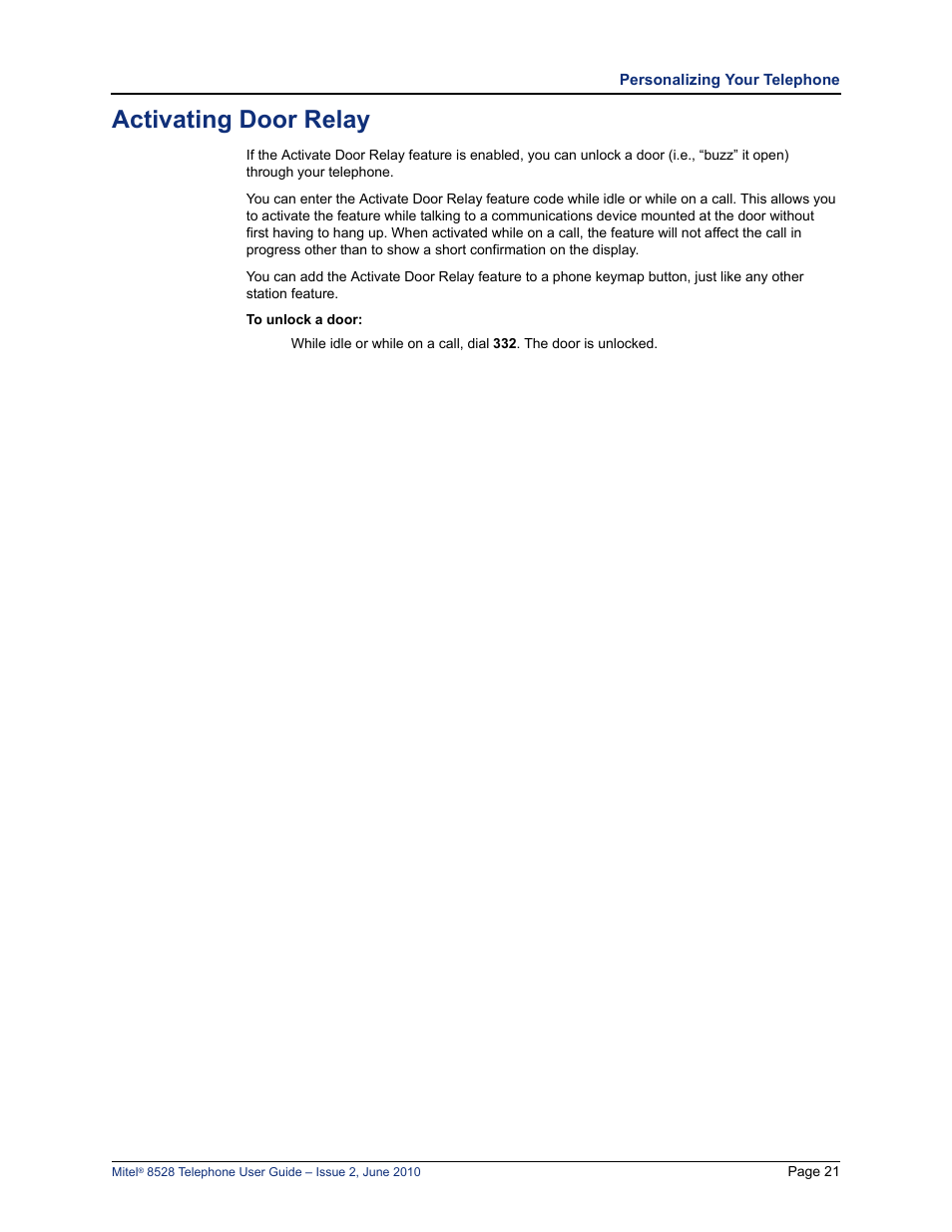 Activating door relay | Mitel 8528 User Manual | Page 35 / 86