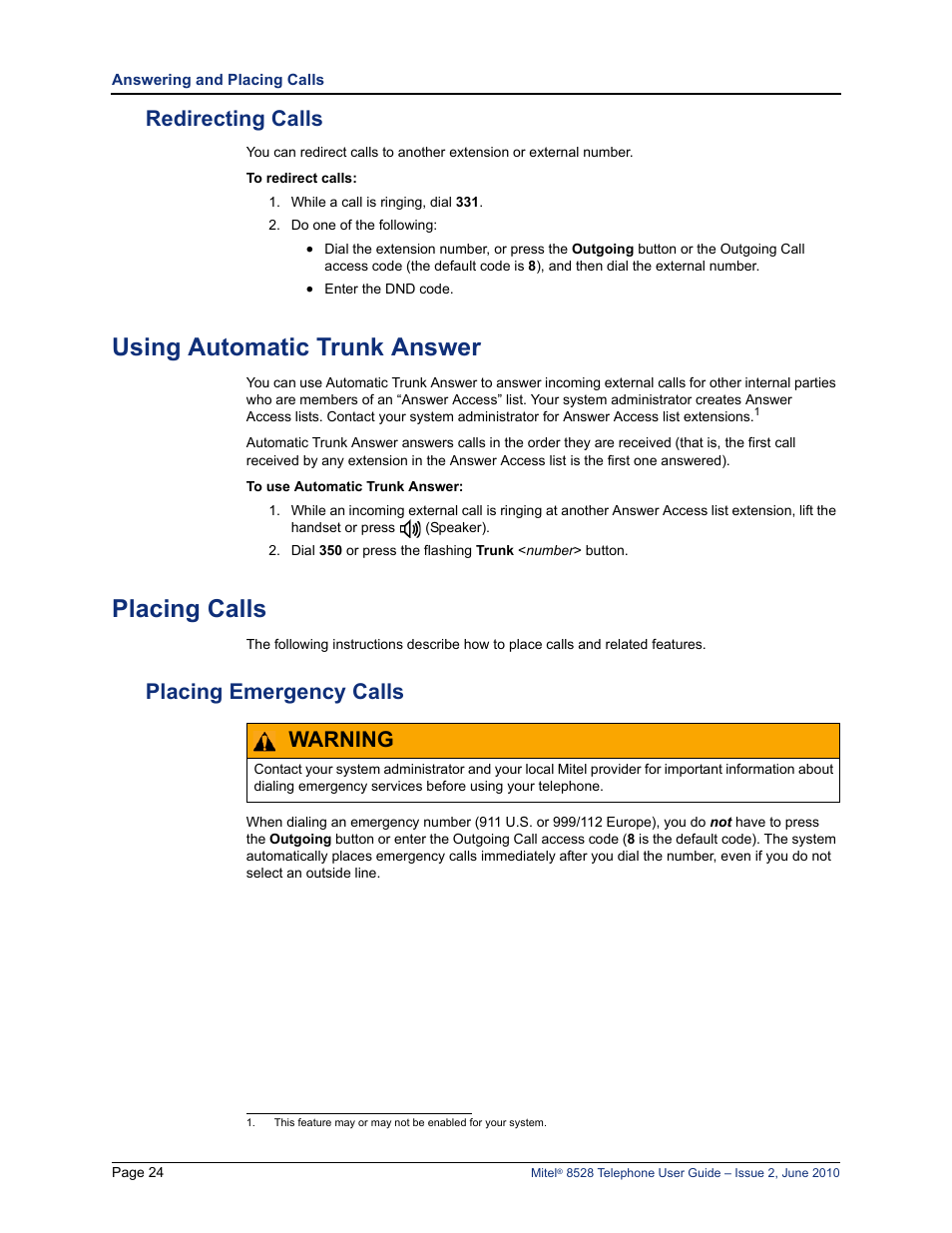 Redirecting calls, Using automatic trunk answer, Placing calls | Placing emergency calls, Warning | Mitel 8528 User Manual | Page 38 / 86