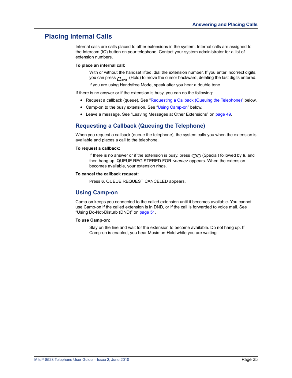 Placing internal calls, Requesting a callback (queuing the telephone), Using camp-on | Requesting a callback (queuing the telephone)” on | Mitel 8528 User Manual | Page 39 / 86