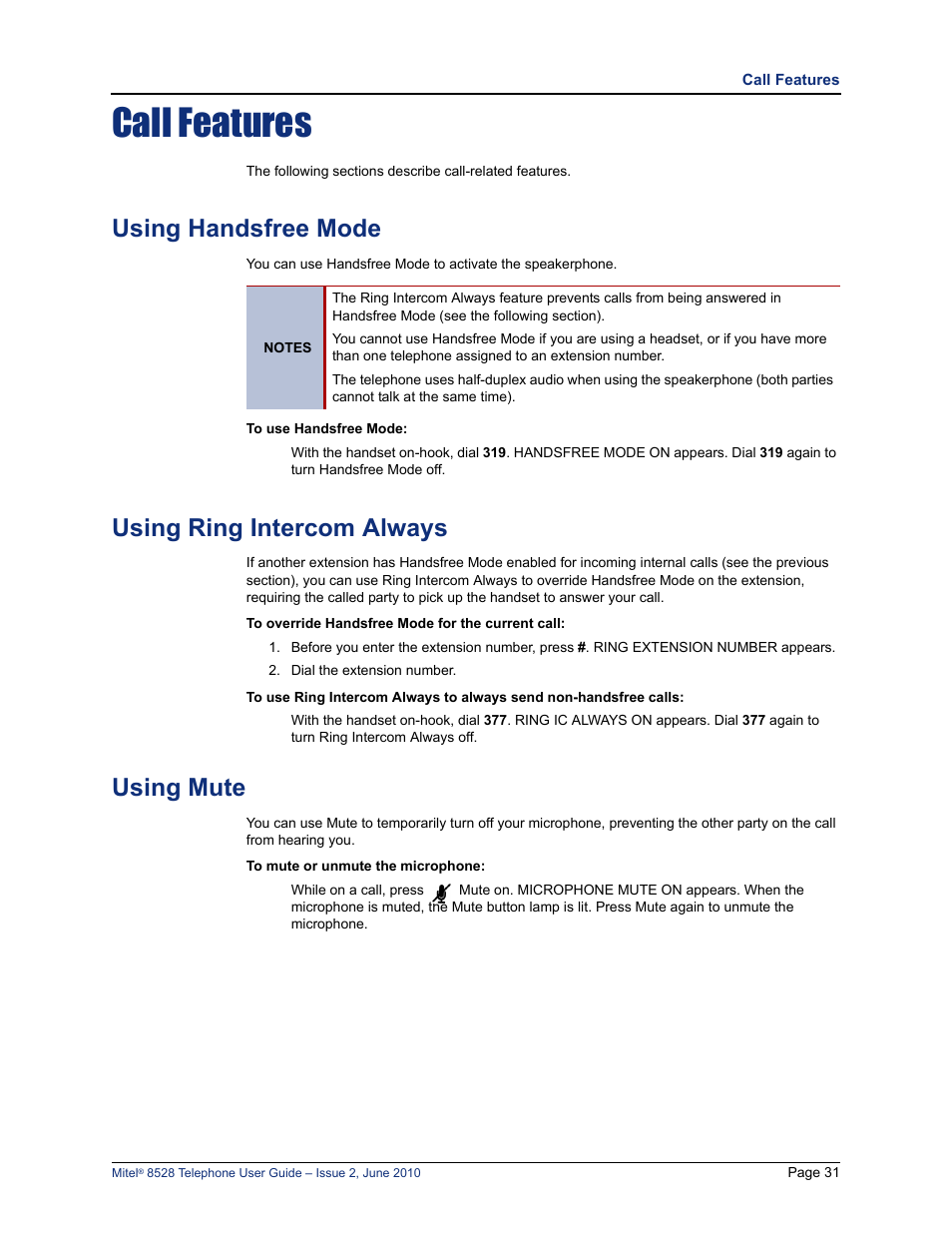 Call features, Using handsfree mode, Using ring intercom always | Using mute, D “using handsfree mode” on, E “using handsfree mode” on, Using handsfree mode” on | Mitel 8528 User Manual | Page 45 / 86
