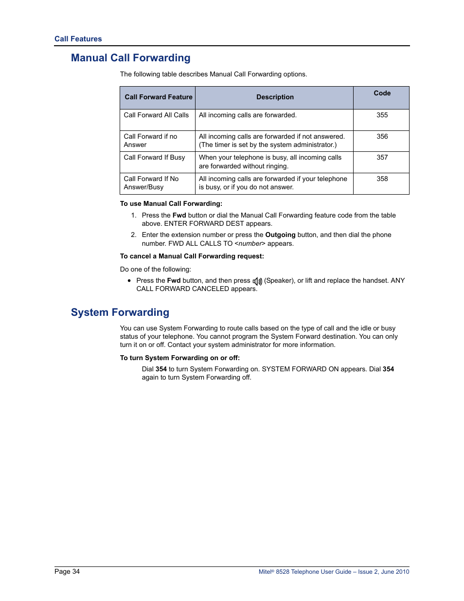 Manual call forwarding, System forwarding, Manual call forwarding system forwarding | E “manual call forwarding” on, System forwarding” on | Mitel 8528 User Manual | Page 48 / 86