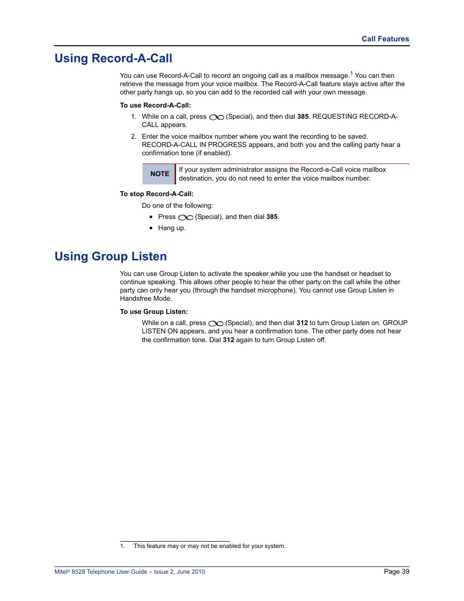 Using record-a-call, Using group listen | Mitel 8528 User Manual | Page 53 / 86