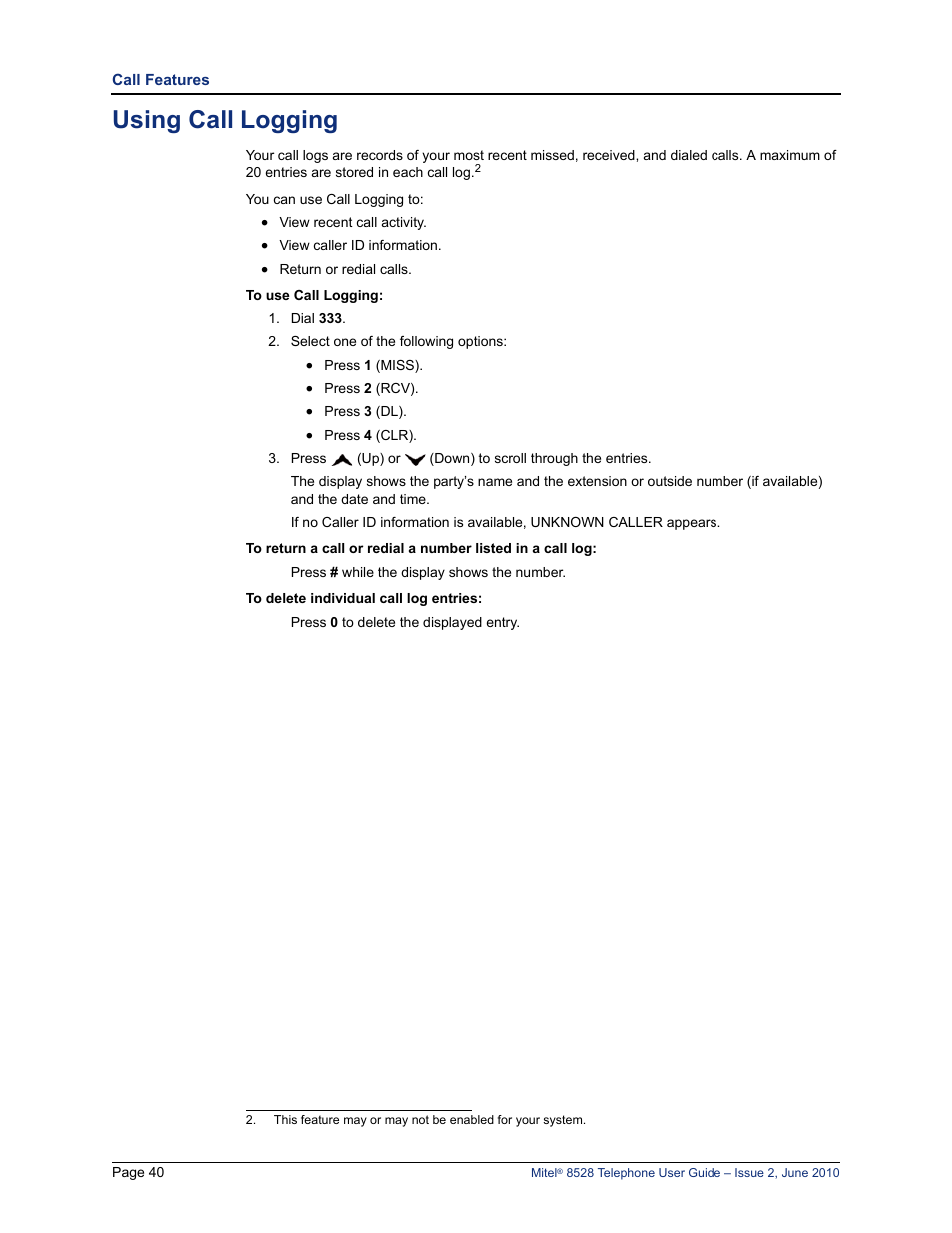 Using call logging | Mitel 8528 User Manual | Page 54 / 86