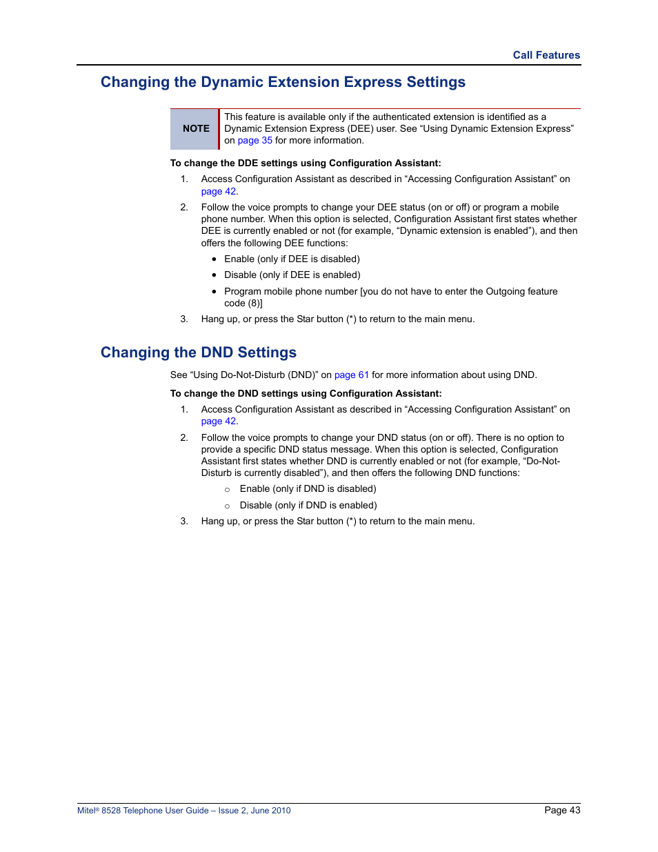 Changing the dynamic extension express settings, Changing the dnd settings | Mitel 8528 User Manual | Page 57 / 86