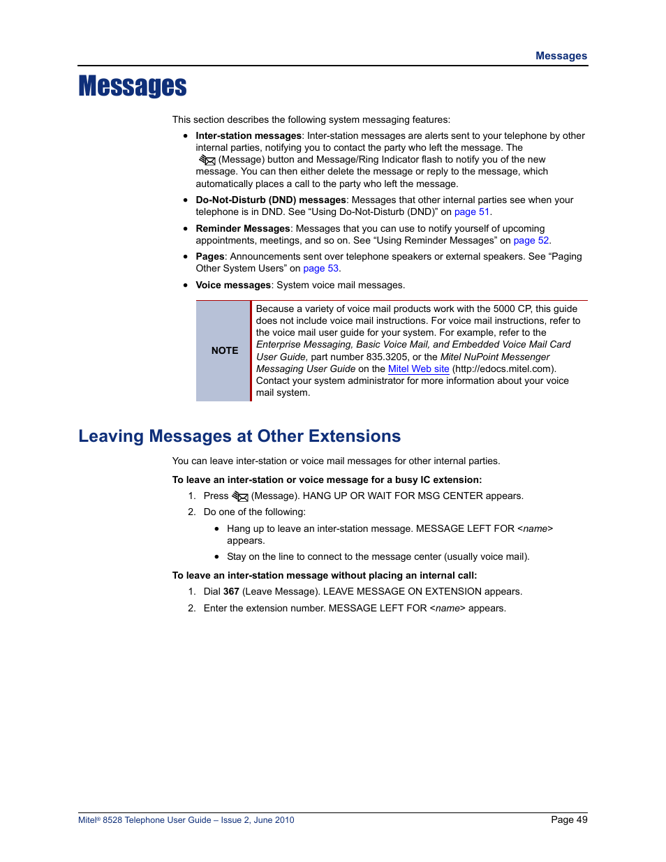 Messages, Leaving messages at other extensions, E “messages” on | E “leaving messages at other extensions” on | Mitel 8528 User Manual | Page 63 / 86