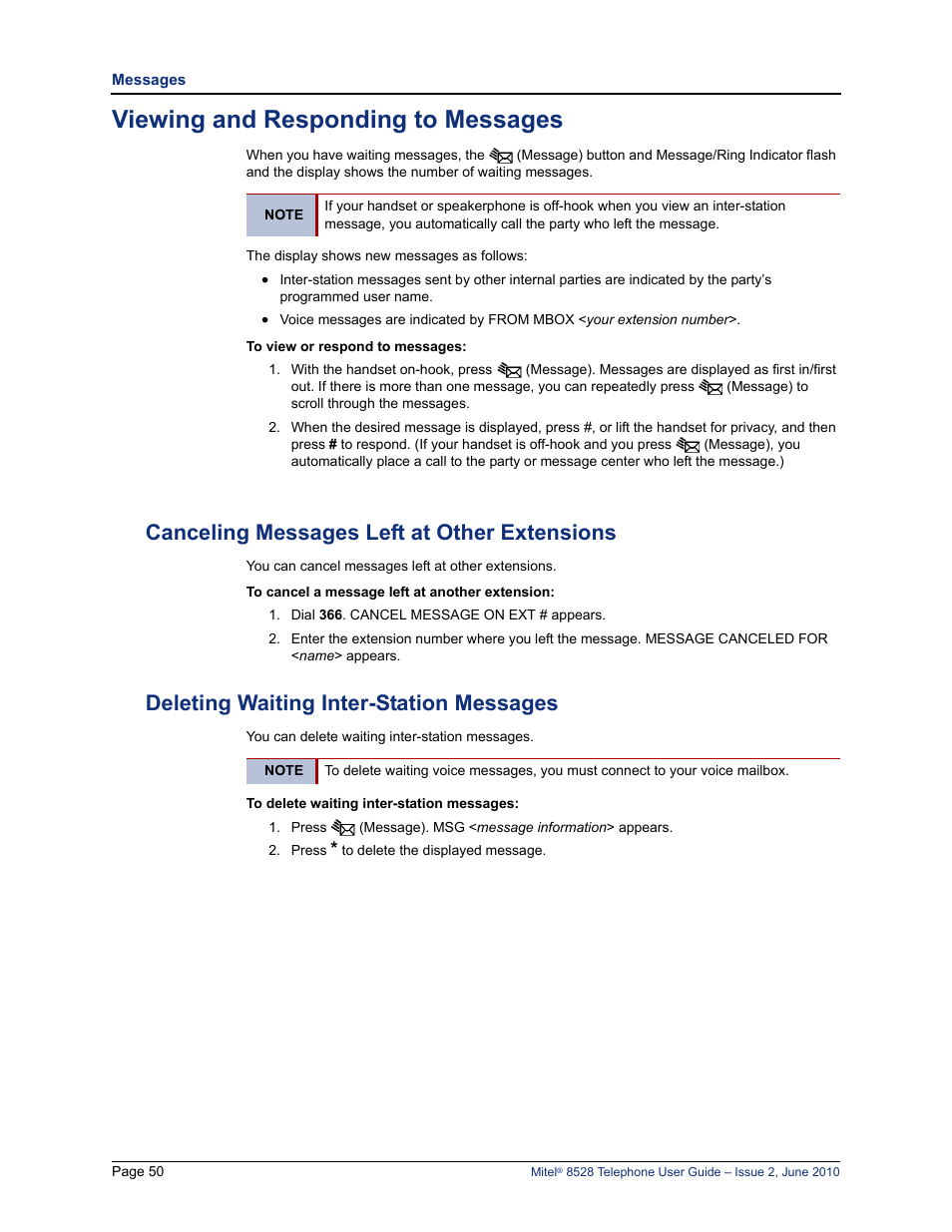 Viewing and responding to messages, Canceling messages left at other extensions, Deleting waiting inter-station messages | Mitel 8528 User Manual | Page 64 / 86