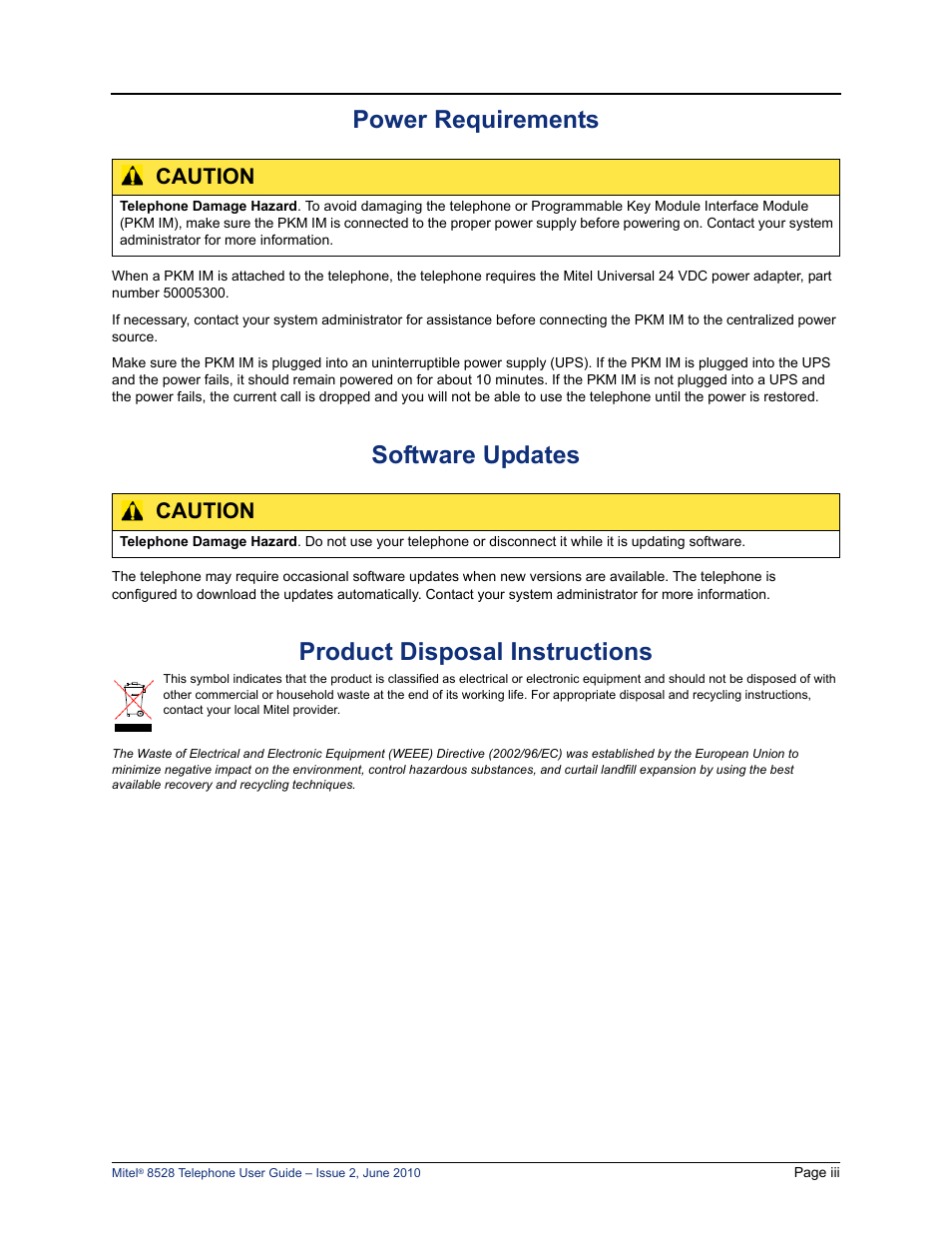 Power requirements, Software updates, Product disposal instructions | Caution | Mitel 8528 User Manual | Page 7 / 86