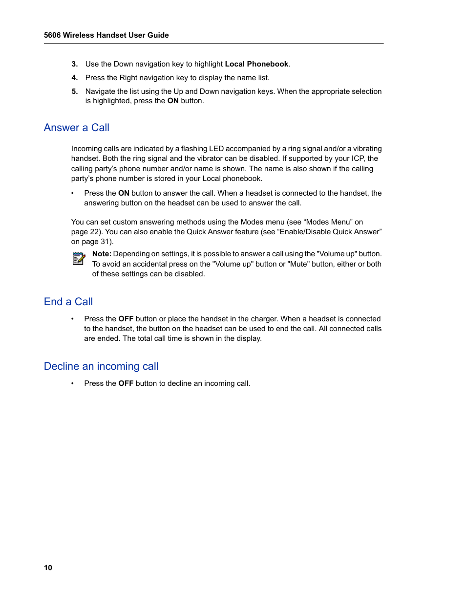 Answer a call, End a call, Decline an incoming call | Mitel 5606 User Manual | Page 16 / 50