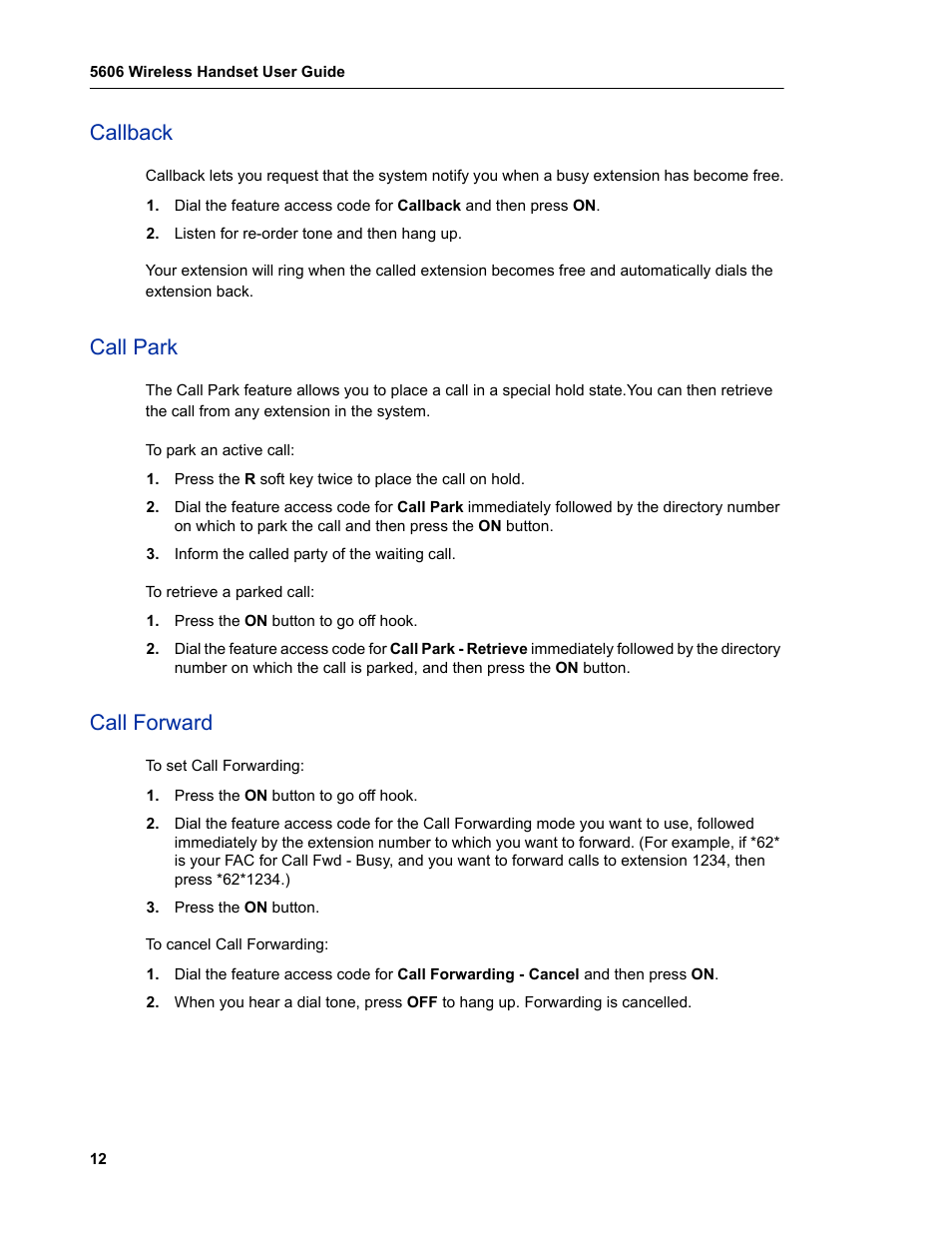 Callback, Call park, Call forward | Mitel 5606 User Manual | Page 18 / 50