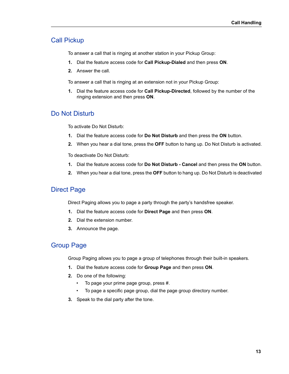 Call pickup, Do not disturb, Direct page | Group page | Mitel 5606 User Manual | Page 19 / 50