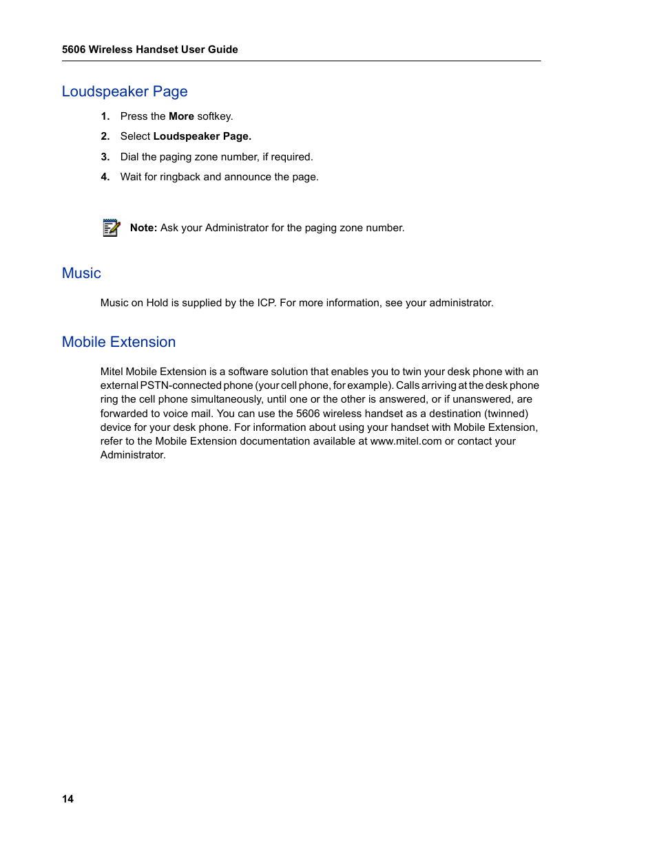 Music, Mobile extension, Loudspeaker page | Mitel 5606 User Manual | Page 20 / 50