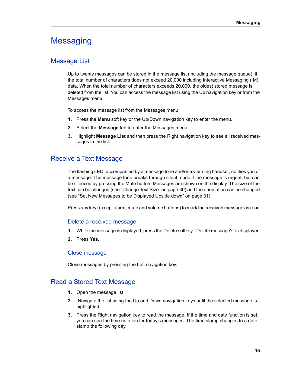 Messaging, Message list, Receive a text message | Delete a received message, Close message, Read a stored text message, Delete a received message close message | Mitel 5606 User Manual | Page 21 / 50
