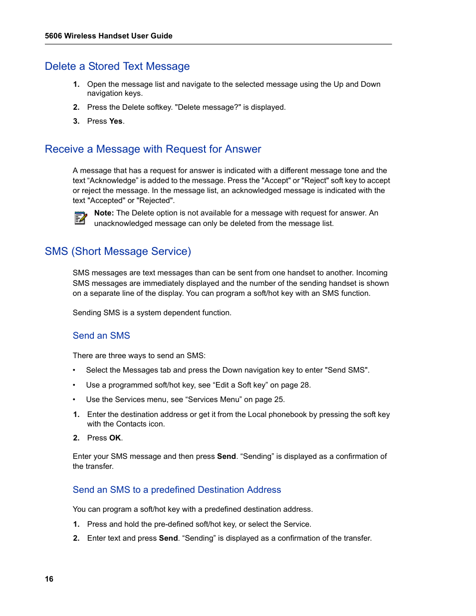 Delete a stored text message, Receive a message with request for answer, Sms (short message service) | Send an sms, Send an sms to a predefined destination address | Mitel 5606 User Manual | Page 22 / 50