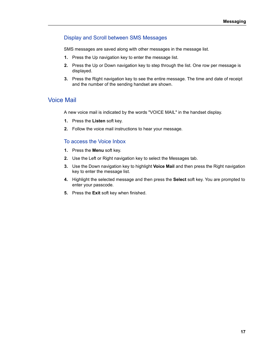 Display and scroll between sms messages, Voice mail, To access the voice inbox | Mitel 5606 User Manual | Page 23 / 50