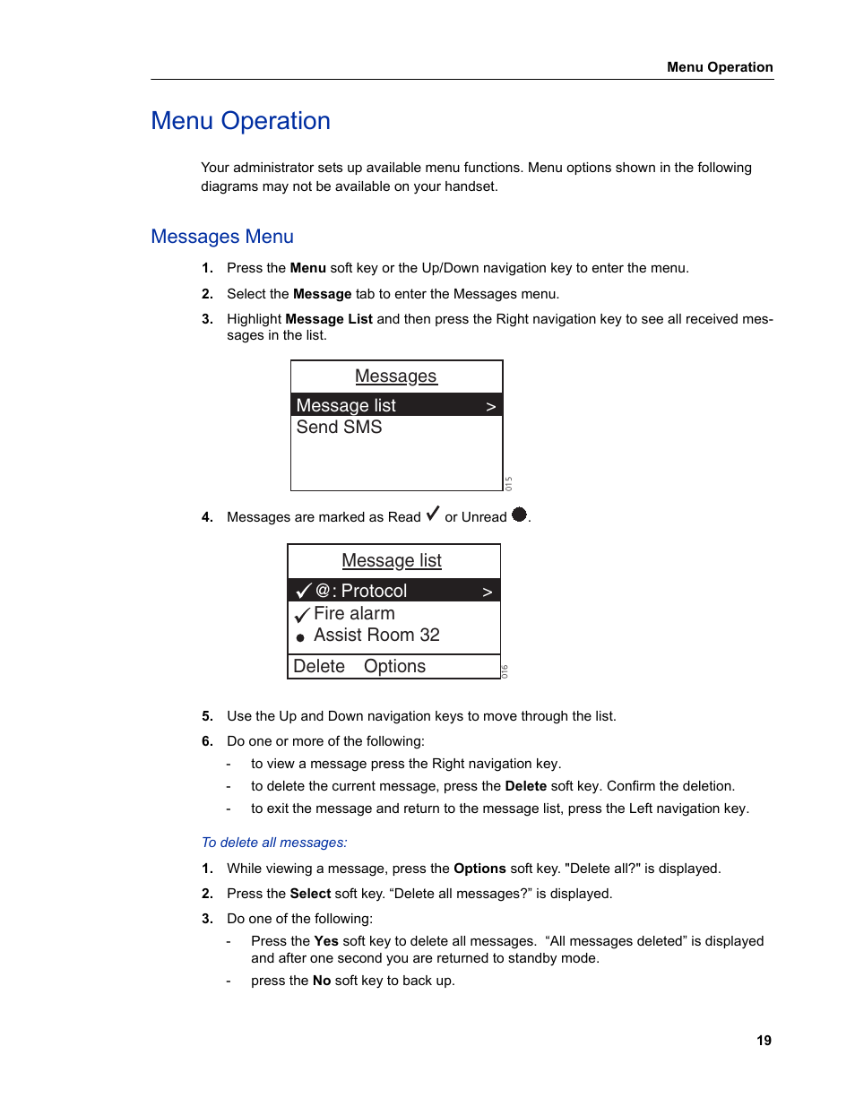 Menu operation, Messages menu, Messages message list > send sms | Mitel 5606 User Manual | Page 25 / 50