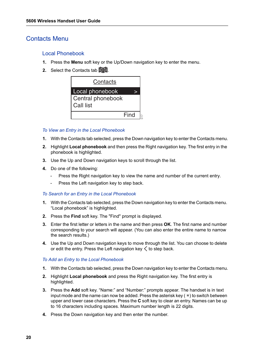 Contacts menu, Local phonebook | Mitel 5606 User Manual | Page 26 / 50