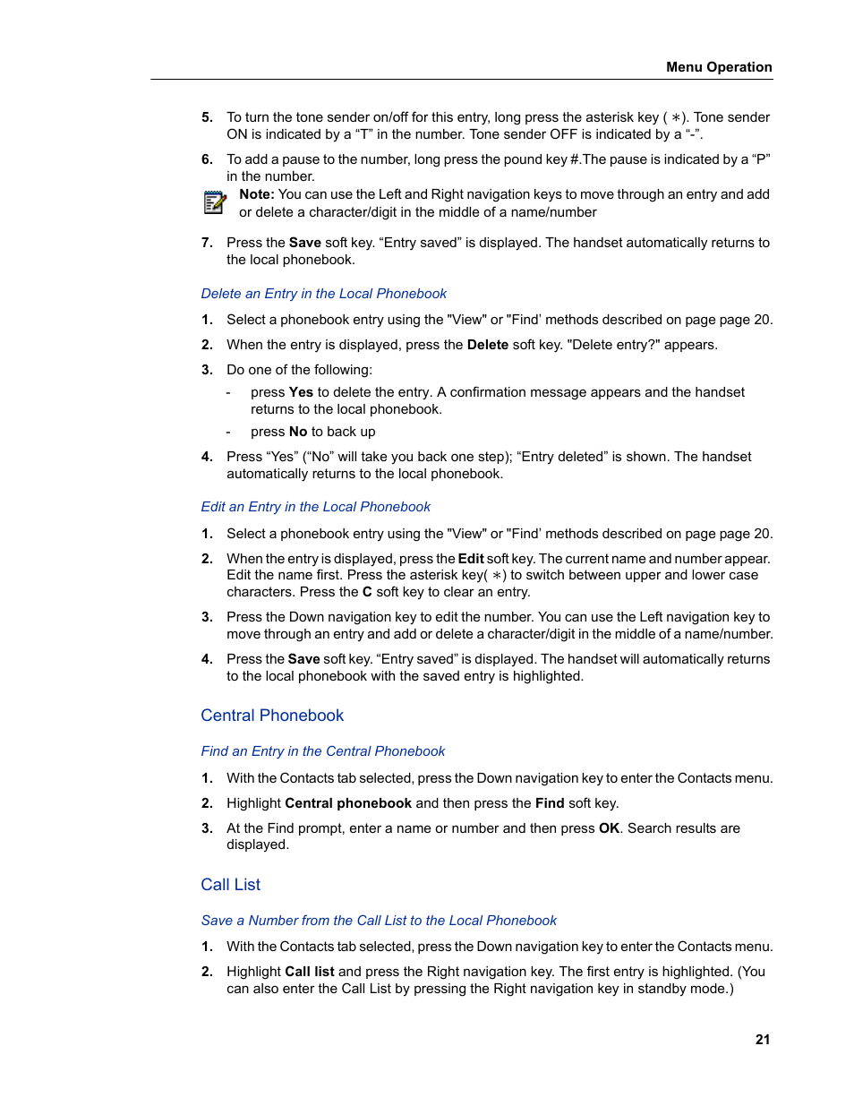 Central phonebook, Call list | Mitel 5606 User Manual | Page 27 / 50