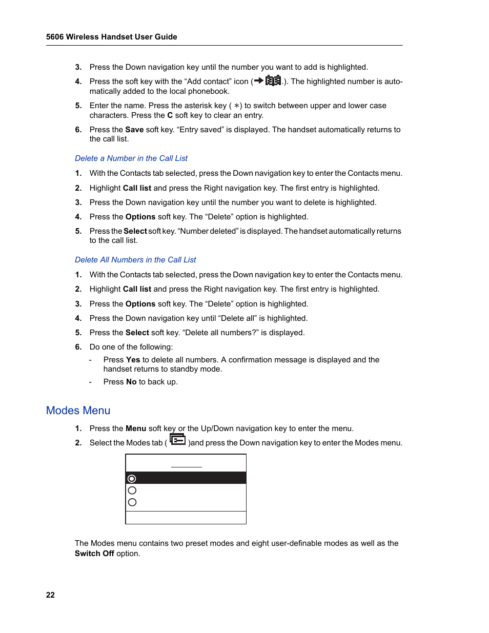 Modes menu | Mitel 5606 User Manual | Page 28 / 50