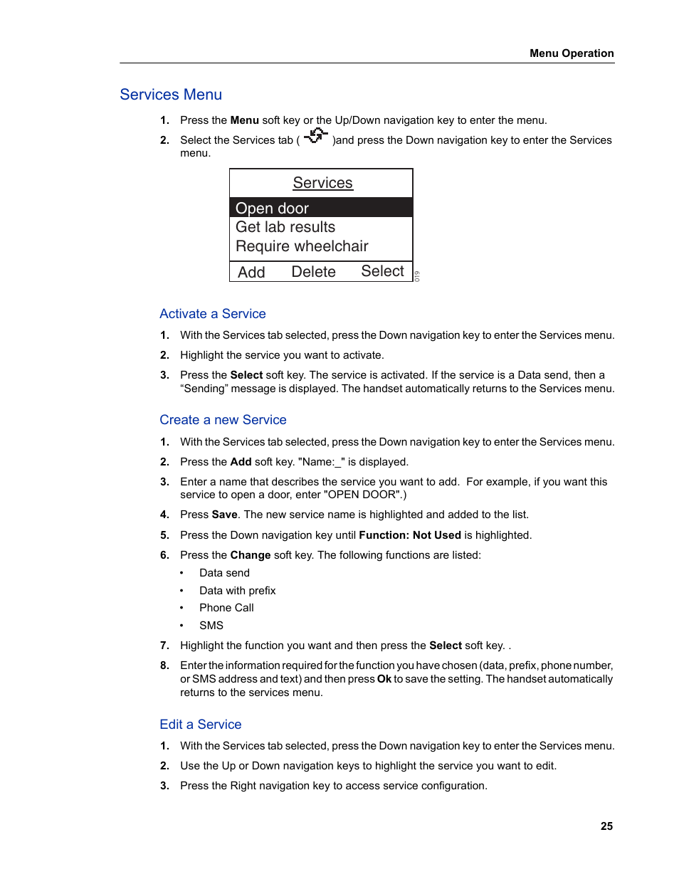 Services menu, Activate a service, Create a new service | Edit a service | Mitel 5606 User Manual | Page 31 / 50