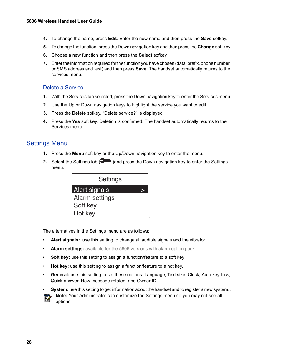 Delete a service, Settings menu | Mitel 5606 User Manual | Page 32 / 50