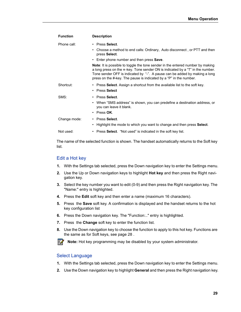 Edit a hot key, Select language, Edit a hot key select language | Mitel 5606 User Manual | Page 35 / 50