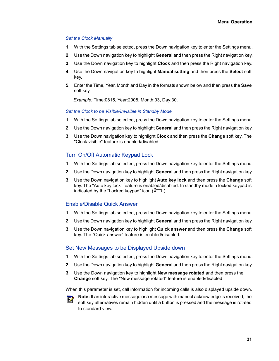 Turn on/off automatic keypad lock, Enable/disable quick answer, Set new messages to be displayed upside down | Mitel 5606 User Manual | Page 37 / 50