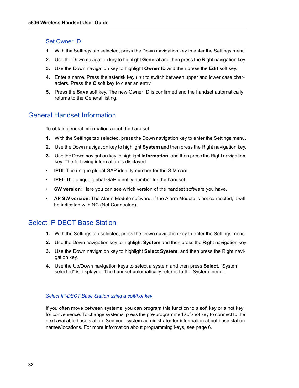 Set owner id, General handset information, Select ip dect base station | Mitel 5606 User Manual | Page 38 / 50