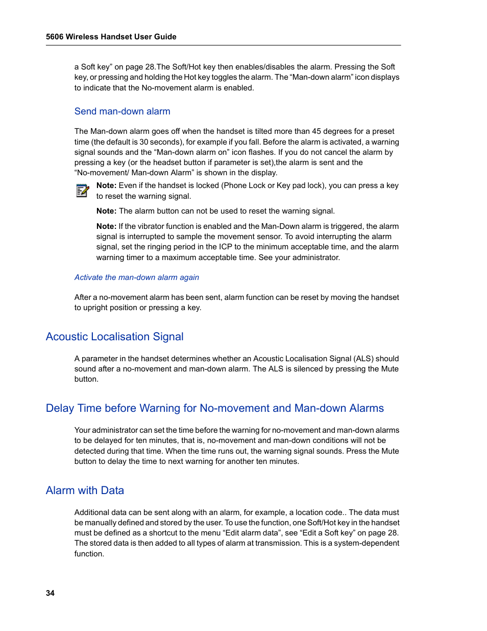 Send man-down alarm, Acoustic localisation signal, Alarm with data | Mitel 5606 User Manual | Page 40 / 50