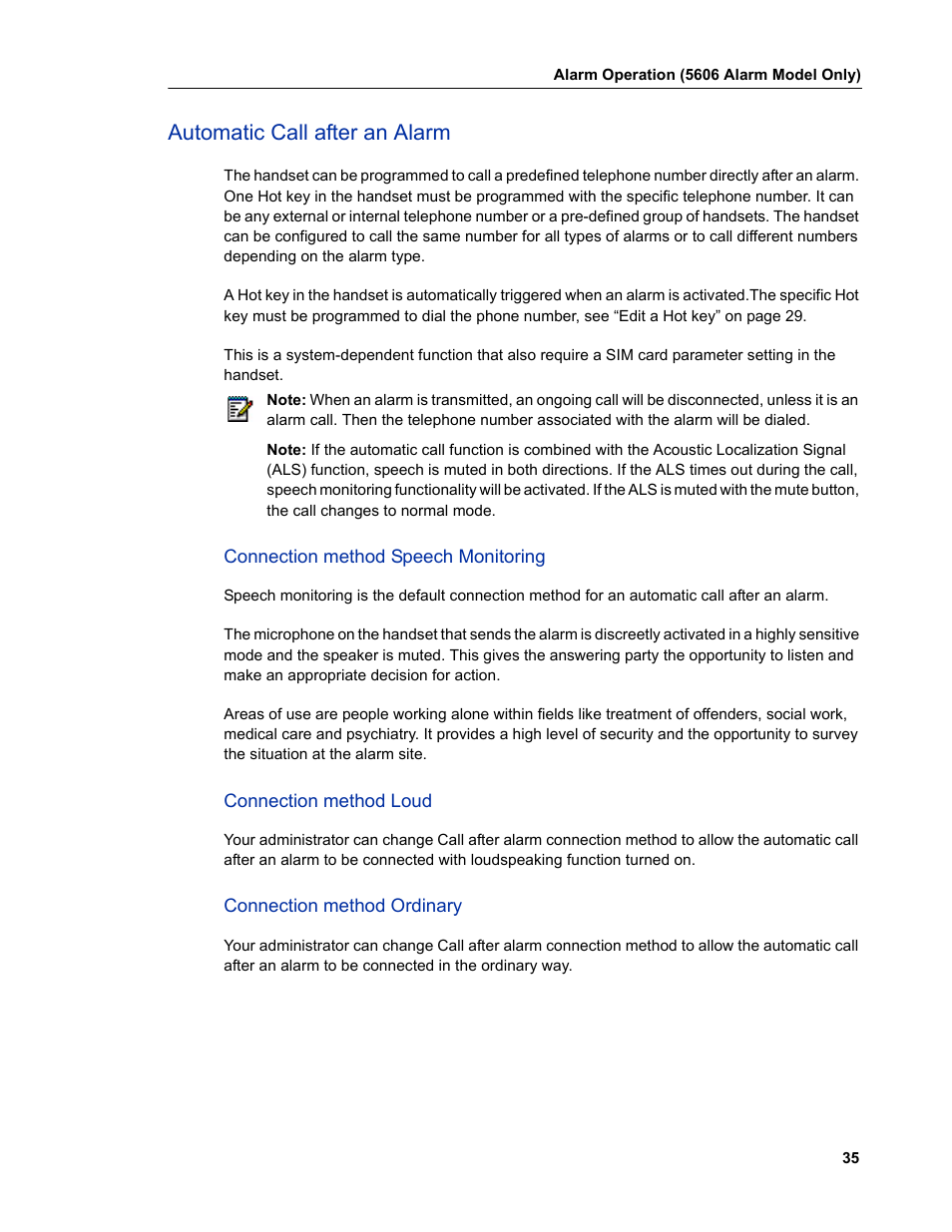 Automatic call after an alarm, Connection method speech monitoring, Connection method loud | Connection method ordinary | Mitel 5606 User Manual | Page 41 / 50