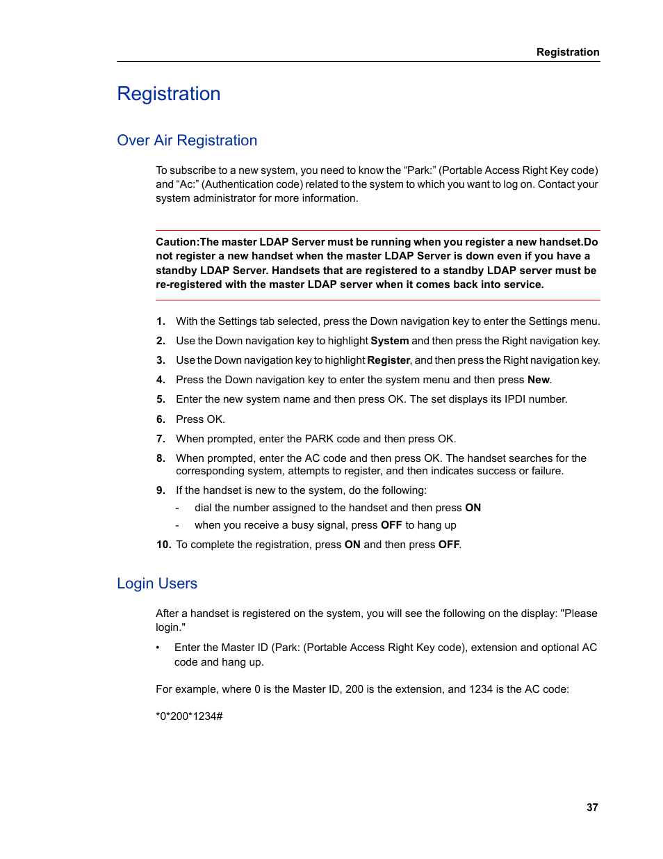 Registration, Over air registration, Login users | Mitel 5606 User Manual | Page 43 / 50