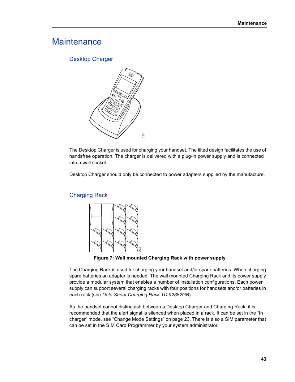 Maintenance, Desktop charger, Charging rack | Desktop charger charging rack, Maintenance 43 | Mitel 5606 User Manual | Page 49 / 50