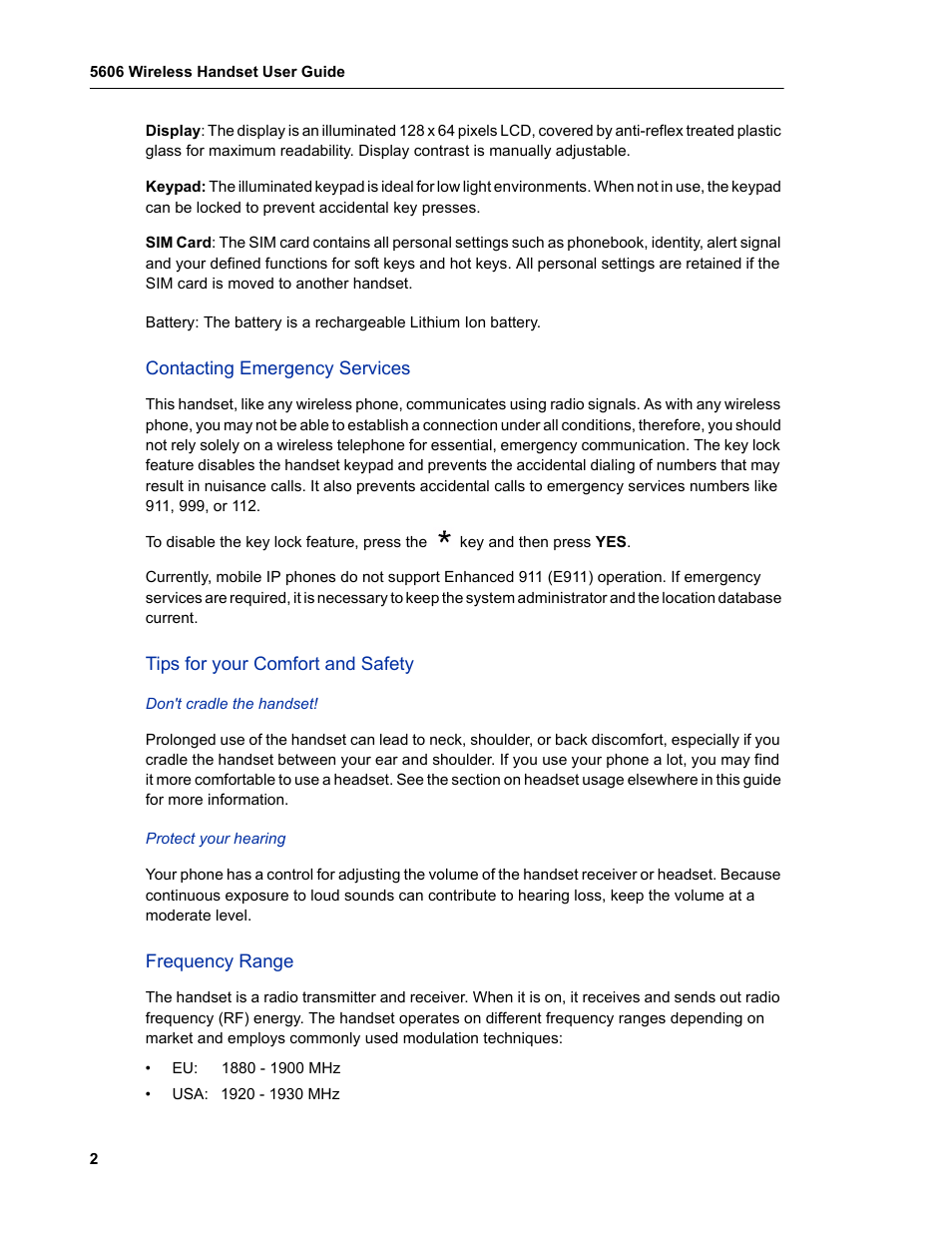 Contacting emergency services, Tips for your comfort and safety, Frequency range | Mitel 5606 User Manual | Page 8 / 50