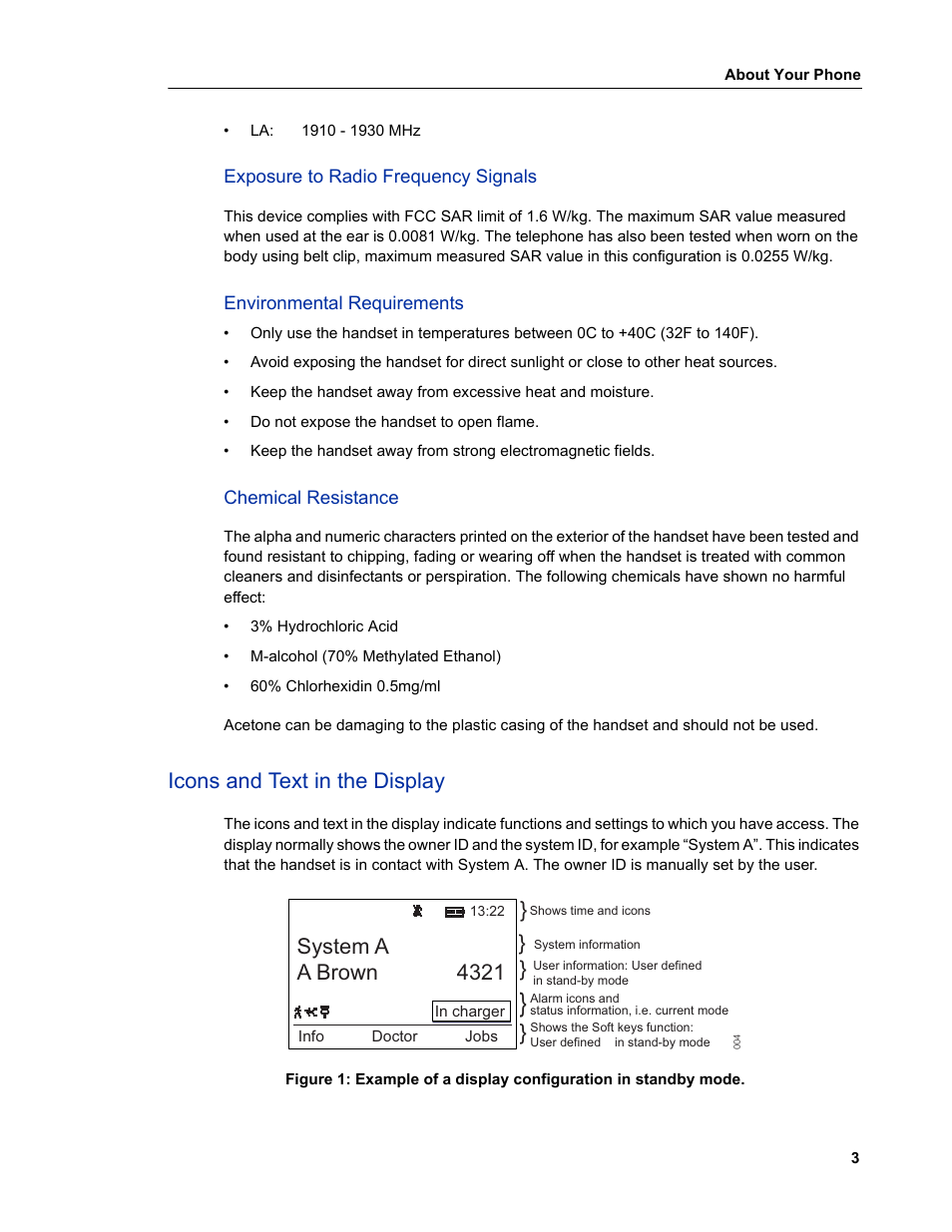 Exposure to radio frequency signals, Environmental requirements, Chemical resistance | Icons and text in the display, System a a brown 4321 | Mitel 5606 User Manual | Page 9 / 50