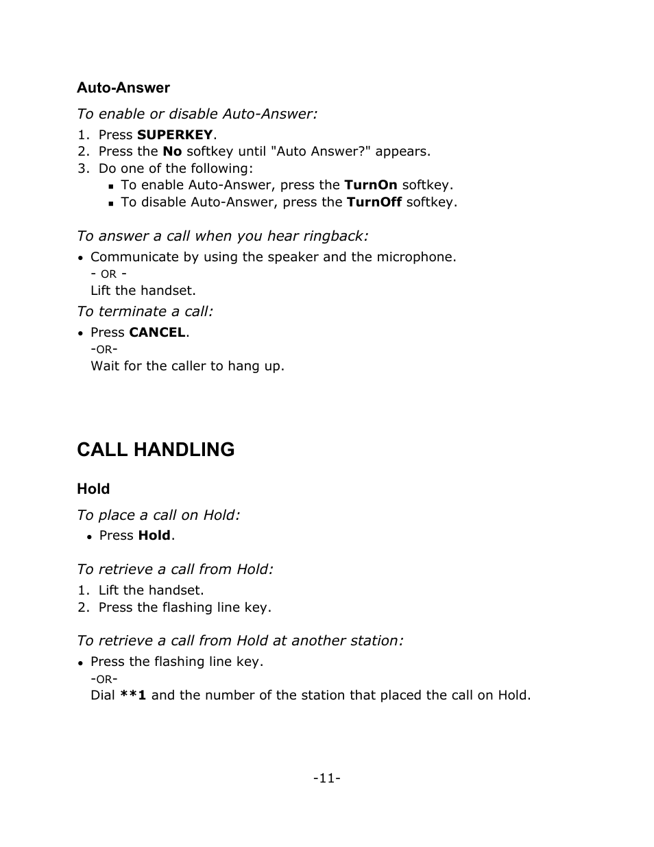 Call handling, Auto-answer, Hold | Mitel M7310 User Manual | Page 15 / 29