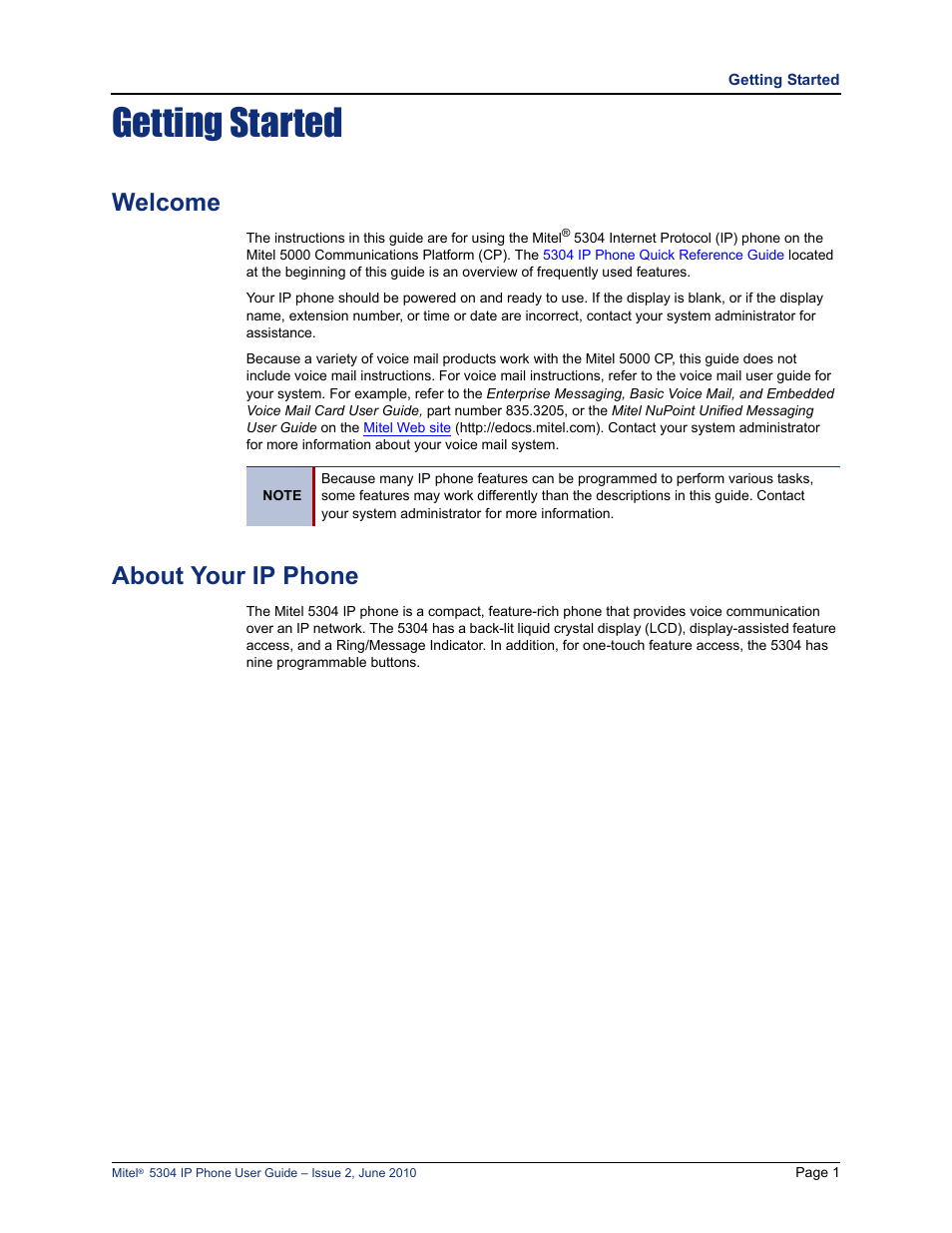 Getting started, Welcome, About your ip phone | Mitel 5304 User Manual | Page 15 / 84