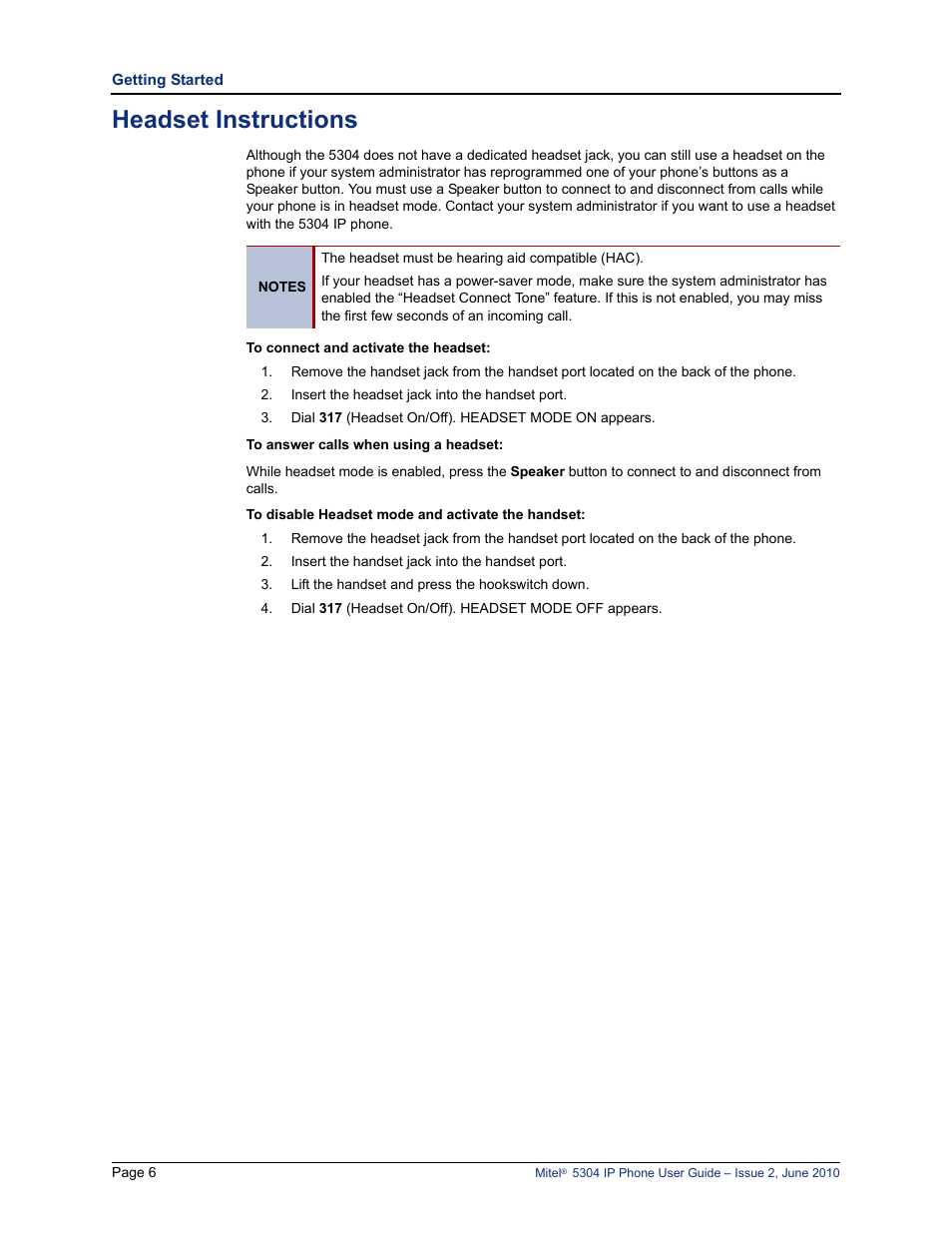 Headset instructions | Mitel 5304 User Manual | Page 20 / 84