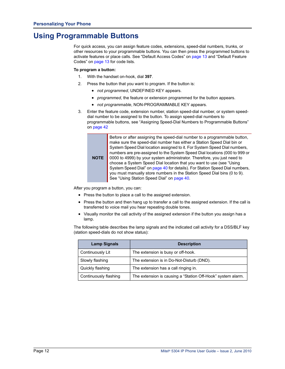 Using programmable buttons, Ers. see “using programmable buttons” on | Mitel 5304 User Manual | Page 26 / 84