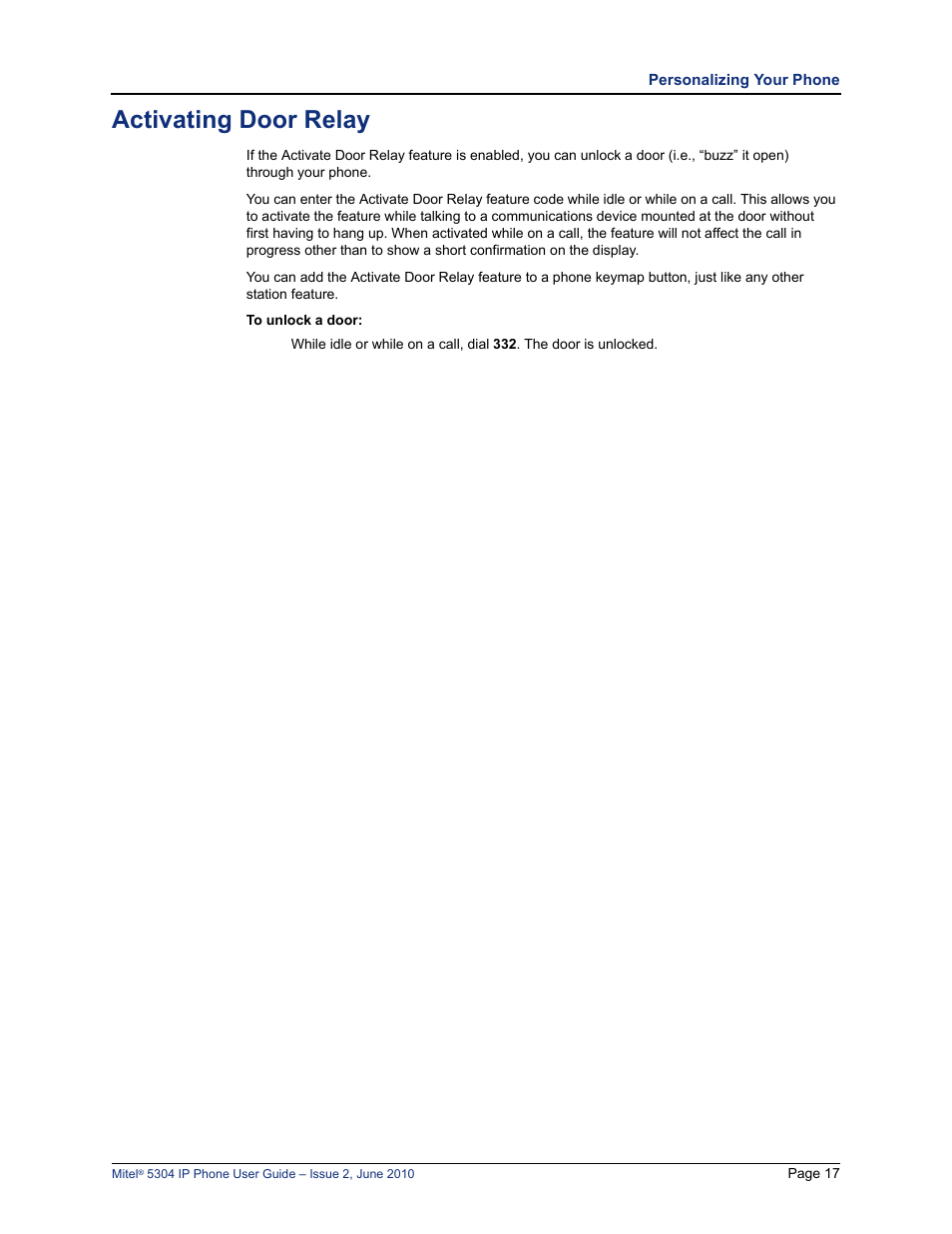 Activating door relay | Mitel 5304 User Manual | Page 31 / 84