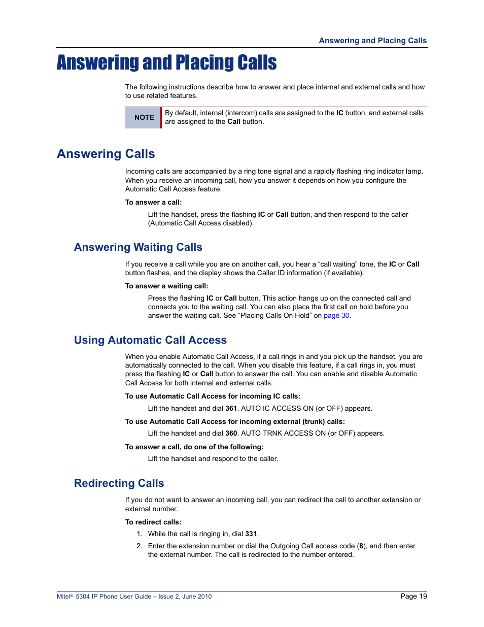 Answering and placing calls, Answering calls, Answering waiting calls | Using automatic call access, Redirecting calls | Mitel 5304 User Manual | Page 33 / 84