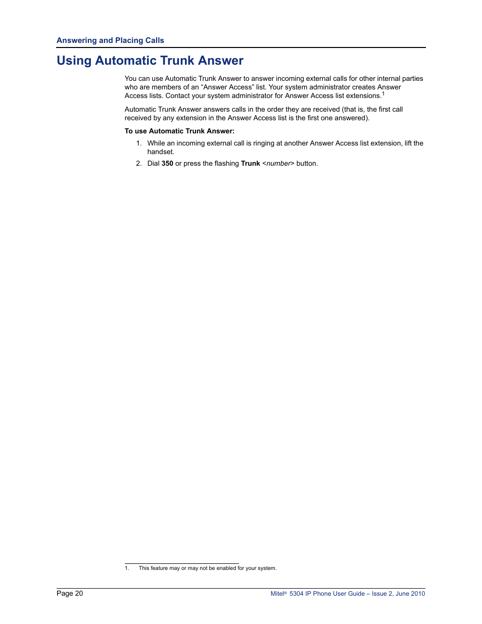 Using automatic trunk answer | Mitel 5304 User Manual | Page 34 / 84