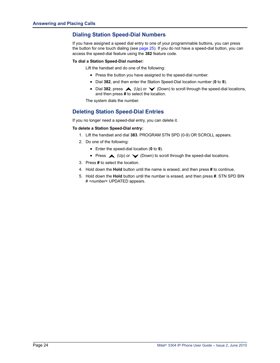 Dialing station speed-dial numbers, Deleting station speed-dial entries | Mitel 5304 User Manual | Page 38 / 84