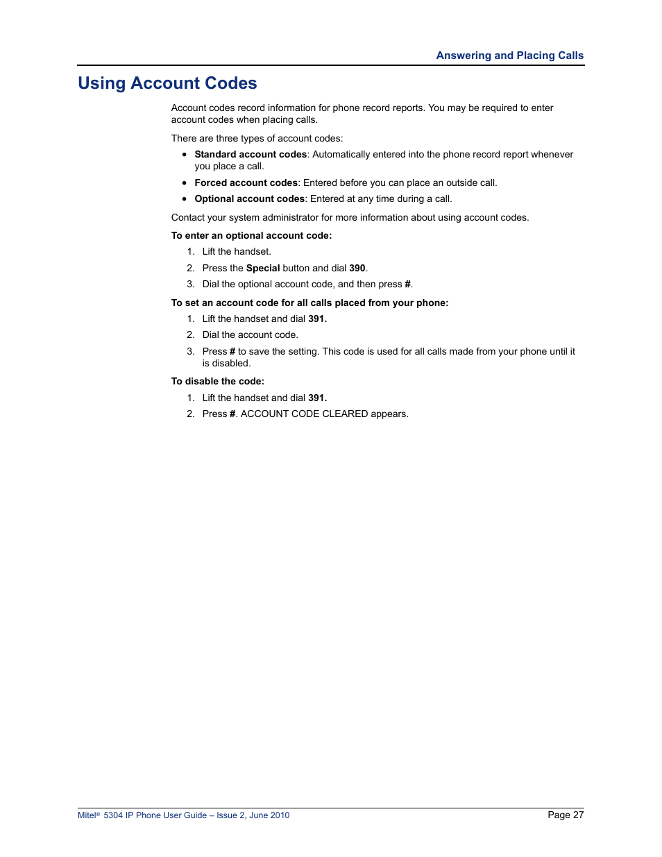 Using account codes, E “using account codes” on | Mitel 5304 User Manual | Page 41 / 84
