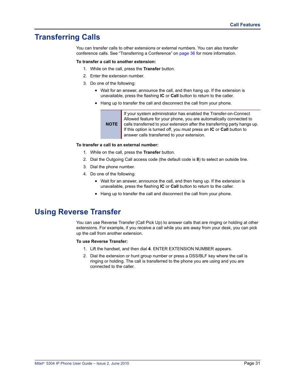 Transferring calls, Using reverse transfer | Mitel 5304 User Manual | Page 45 / 84