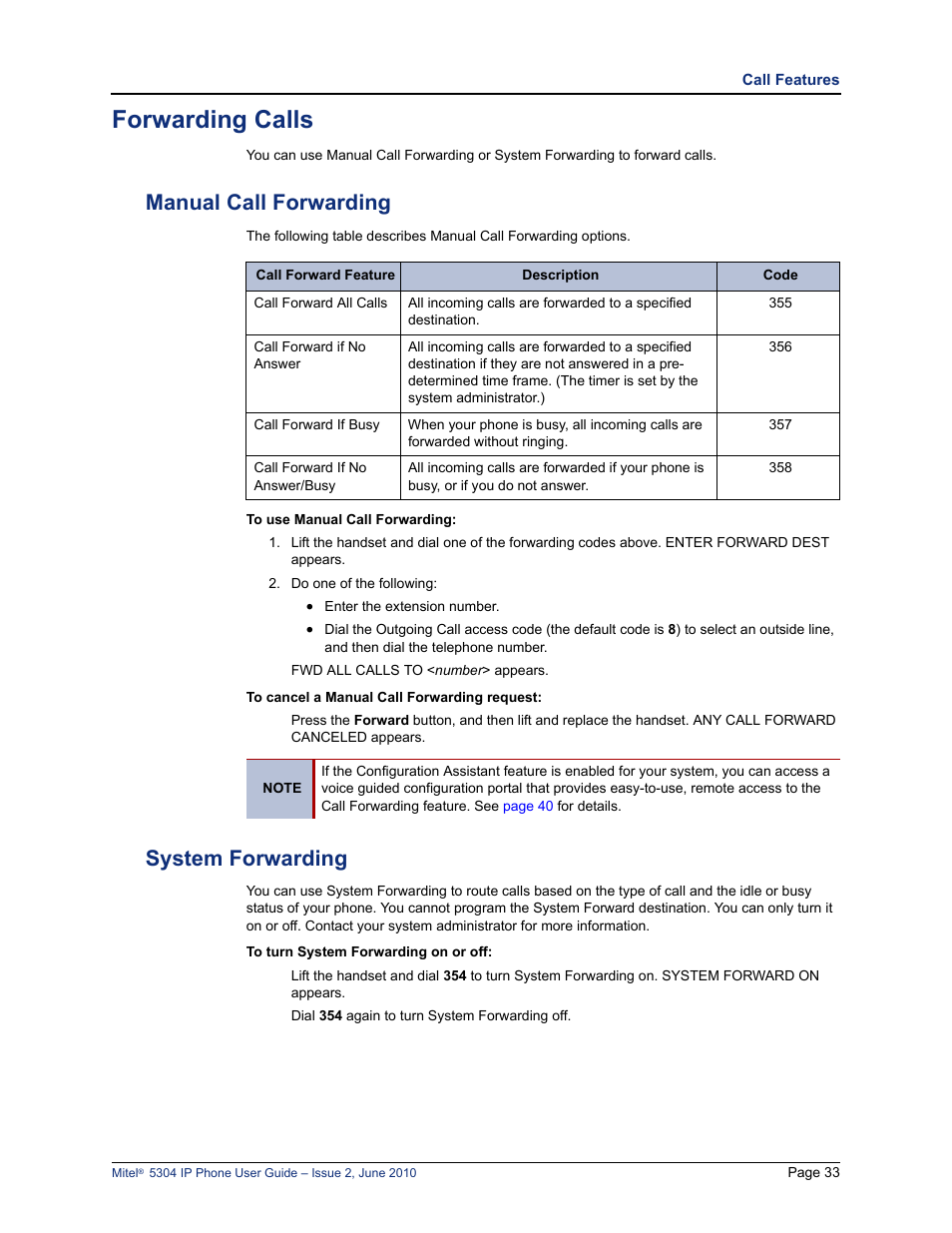 Forwarding calls, Manual call forwarding, System forwarding | Manual call forwarding system forwarding, E “forwarding calls” on, E “manual call forwarding” on, System forwarding” on | Mitel 5304 User Manual | Page 47 / 84
