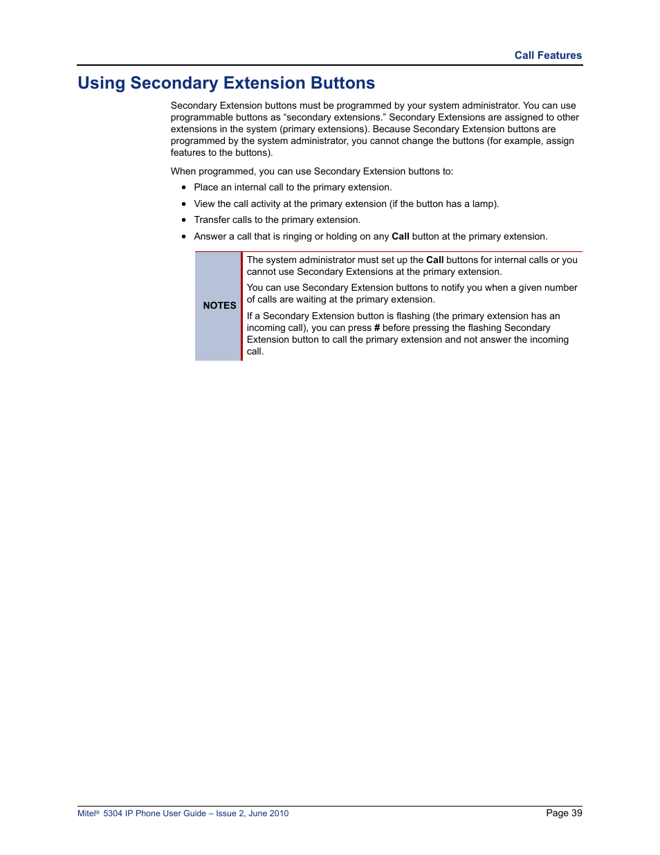 Using secondary extension buttons | Mitel 5304 User Manual | Page 53 / 84